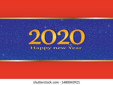 New year greetings for year 2020 with bright blue background and red strip and gold ribbon with glowing stars with yellow lights with number