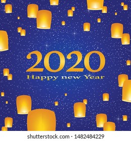 New year greetings for year 2020 with bright blue sky with glowing stars with yellow lights and flying Chinese lucky lanterns on a blue background