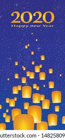 New year greetings for year 2020 with bright blue sky with glowing stars with yellow lights and flying chinese lucky lanterns with clematis on down on a blue background