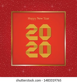 New year greetings for year 2020 with bright red background with glowing stars with gold lights with number in the golden ribbon frame and red square