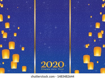 New year greetings for year 2020 with bright blue background with glowing stars with yellow lights and flying chinese lucky lanterns with clematis with number