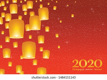 New year greetings for year 2020 with bright blue sky with glowing stars with yellow lights and flying chinese lucky lanterns with clematis on left on a blue background