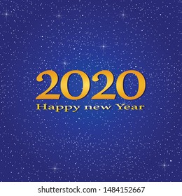 New year greetings for year 2020 with bright blue background with glowing stars with yellow lights with number