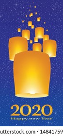 New year greetings for year 2020 with bright blue background with glowing stars with yellow lights and flying chinese lucky lanterns with clematis with number