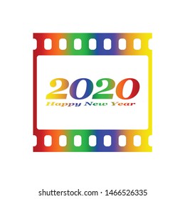 New year greetings for 2020 with colorful blank film and photographic window with color inscription Happy new year and number 2020 on a white background