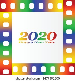 New year greetings for 2020 with colorful blank film and photographic window with color inscription Happy new year and number 2020 on a background of color film strips