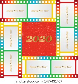 New year greetings for 2020 with colorful blank film and photographic window with golden inscription Happy new year and number 2020 on a red background of color film strips