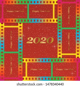 New year greetings for 2020 with colorful blank film and photographic window with golden inscription Happy new year and number 2020 on a red background with starts