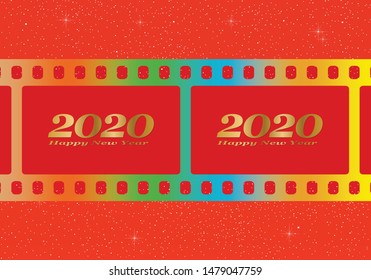 New year greetings for 2020 with colorful blank film and photographic window with golden inscription Happy new year and number 2020 on a red background with starts