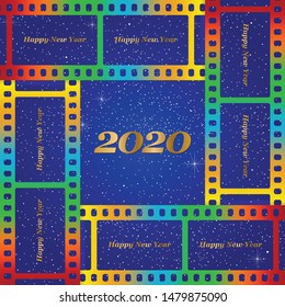 New year greetings for 2020 with colorful blank film and photographic window with golden inscription Happy new year and number 2020 on a background of color film strips