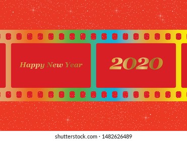 New year greetings for 2020 with colorful blank film and photographic window with golden inscription Happy new year and number 2020 on a red background with stars