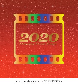 New year greetings for 2020 with colorful blank film and photographic window with golden inscription Happy new year and number 2020 on a red background with starts