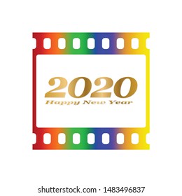 New year greetings for 2020 with colorful blank film and photographic window with golden inscription Happy new year and number 2020 on a white background