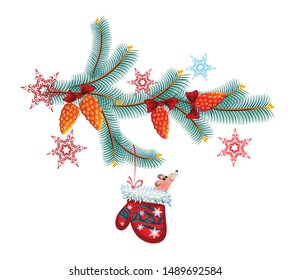 New Year Greetings 2020. Funny, cute rat in mitten. Christmas tree with beautiful cones. Isolated image, vector