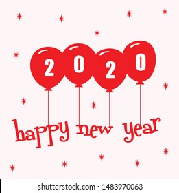 New Year greetings for 2020 with red balloons flying on a pink background with the words Happy New Year 2020