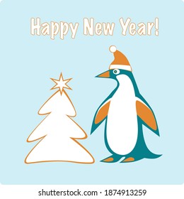 New Year greetings card with penguin and Christmas tree 