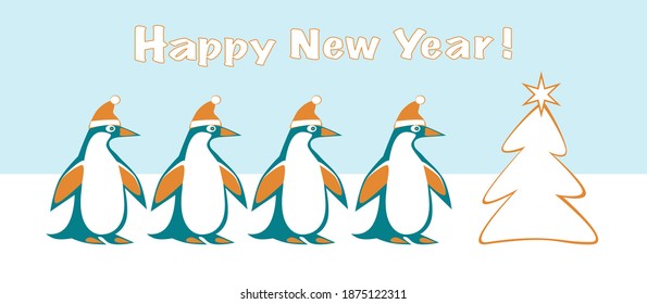 New Year greetings card with penguins and Christmas tree 