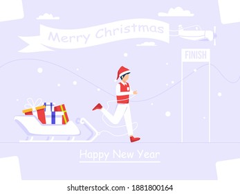 New Year Greetings design concept. People run to celebrate Christmas New Year. used for web, posters, flyers. flat vector.