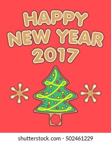 New Year greetings and gingerbread Christmas tree.
Holiday decorations and sweets. Vector Christmas illustration.