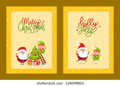 New Year greetings from Santa Claus and Elf, decorating xmas tree, jumping up. Merry Christmas cards with holiday spirit and cartoon character, vector