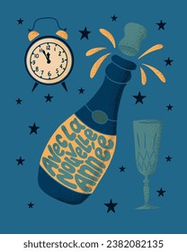 New Year groovy greeting card. Flat hand drawn lettering Happy New Year in French language in a shape of champagne bottle. Trendy composition in retro style for posters, shirt print