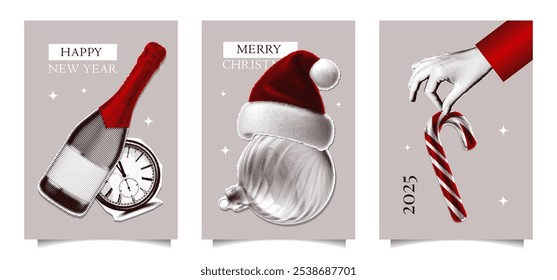 New year halftone collage card poster templates set. Cut out of magazine shapes, clipping paper stickers - champagne, Santa hat, candy cane. Modern retro vector illustration