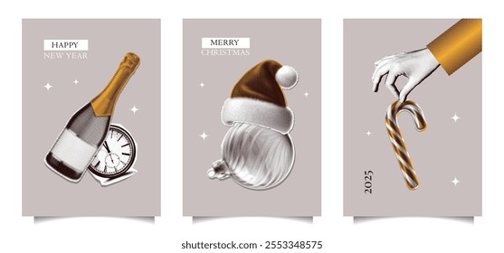 New year halftone collage card poster templates set. Cut out of magazine shapes, clipping paper stickers - champagne, Santa hat, candy cane. Modern retro vector illustration