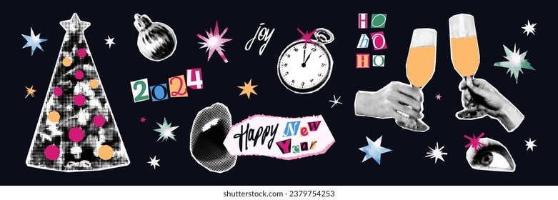 New year halftone collage elements set. Cut out of magazine shapes, glasses of champagne, Christmas tree, female eye and shouting mouth, stars. Modern retro grunge punk vector illustration