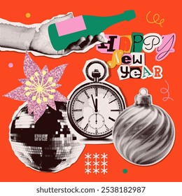 New year halftone collage elements set. Cut out of magazine shapes - hand holding bottle of champagne, Christmas tree bauble, mirror ball and retro clock. Modern retro grunge punk vector illustration