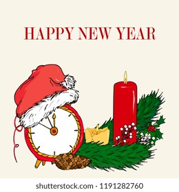  New Year hand drawn card. Set of decorative element of Christmas tree branches with Clock, Santa hat,candle, mistletoe, sweet canel. Vector template for greeting cards, party invitations, posters, 