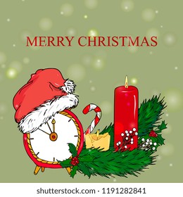  New Year hand drawn card. Set of decorative element of Christmas tree branches with Clock, Santa hat,candle, mistletoe, sweet cane. Vector template for greeting cards, party invitations, posters,