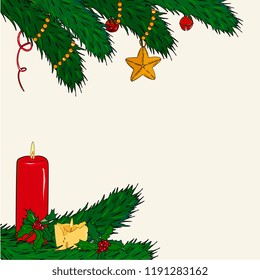  New Year hand drawn card. Set of decorative element of Christmas tree branches with Clock, candle, holly. Vector template for greeting cards, party invitations, posters, stickers, t-shirt design
