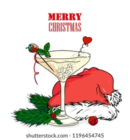  New Year Hand Drawn Card. Set Of  Element Of Christmas Tree Branches With Clock,sweet Cane, Champagne Glass, Cocktail, Santa Hat. Vector Template For Greeting Cards, Party Invitations, Posters, 
