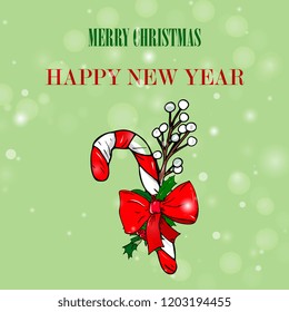  New Year hand drawn card. Set of decorative element of bow, mistletoe, sweet canel. Vector template for greeting cards, party invitations, posters, stickers,scrapbooking, t-shirt design
