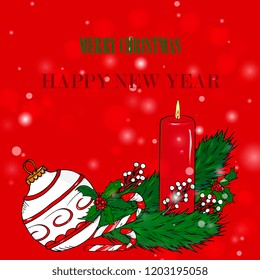  New Year hand drawn card. Set of decorative element of Christmas tree branches with candle, mistletoe, sweet cane,white christmas ball. Vector template for greeting cards, party invitations, posters,