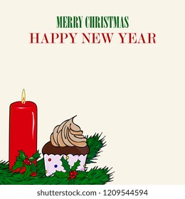  New Year hand drawn card. Set of  element of Christmas tree branches with cupcake, fir branches and candles. Vector template for greeting cards,