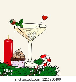  New Year hand drawn card. Set of  element of Christmas tree branches with sweet cane, champagne glass, cupcake, cocktail. Vector template for greeting cards, party invitations, posters