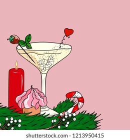  New Year hand drawn card. Set of  element of Christmas tree branches with sweet cane, champagne glass, cupcake, cocktail. Vector template for greeting cards, party invitations, posters