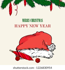   New Year hand drawn card  with Christmas tree, Santa hat, Christmas toys . Set of  element of   with Christmas tree, Santa hat, Christmas toys . Bright  background for the winter cards,paper wrapper