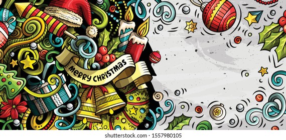 New Year hand drawn doodle banner. Cartoon detailed flyer. Holiday background with objects and symbols. Color vector design elements illustration