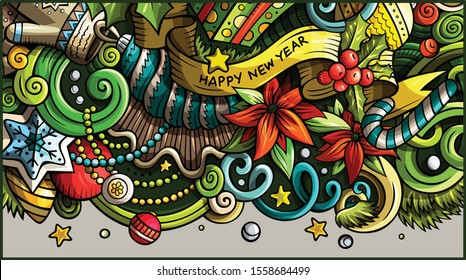 New Year hand drawn doodle banner. Cartoon detailed flyer. Holiday background with objects and symbols. Color vector design elements illustration