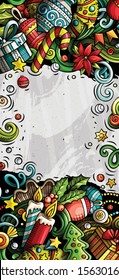 New Year hand drawn doodle banner. Cartoon detailed flyer. Holiday background with objects and symbols. Color vector design elements illustration