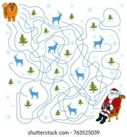 New Year hand drawn doodle maze. Help Chow Chow dog find way to Santa Claus.