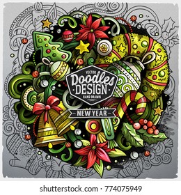New Year hand drawn doodles illustration. Best wishes greeting card. Christmas holiday decoration cartoon set. Happy New 2019 Year poster design. Colorful vector graphic art background