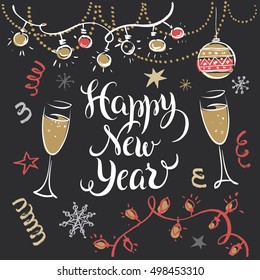 New Year hand drawn elements set. Happy New Year handwritten calligraphy. Vector illustration.