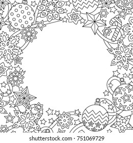 New year hand drawn frame in zentangle inspired style isolated on white background. Doodle snowflakes, fir-tree balls, ribbon decorative border. Coloring book for adult. Vector illustration.