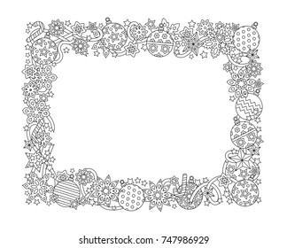 New year hand drawn horizontal frame, zentangle inspired style isolated on white background. Doodle snowflakes, fir-tree balls, ribbon decorative border. Coloring book for adult. Vector illustration.