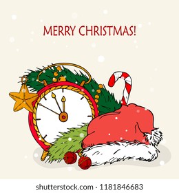  New Year hand drawn illustration. Vector Set of decorative element of Christmas tree branches with Clock, Santa hat and a sweet cane. Vector template for greeting cards, party invitations, posters 