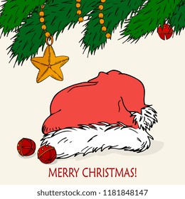  New Year hand drawn illustration. Vector Set of decorative element of Christmas tree branches with  Santa hat and a bells. Vector template for greeting cards, party invitations, posters, stickers, 