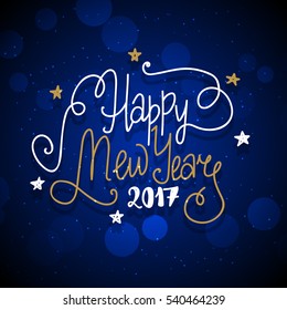New Year hand drawn lettering on dark blue vector background with sparkles and bokeh. Holiday greeting card design template